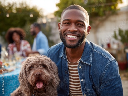 Smiling man with a well-disposed dog outdoors , surrounded by friends on a sunny day .