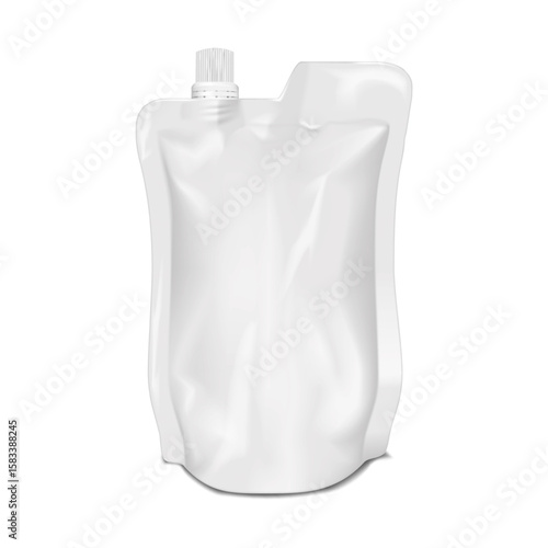 White blank spouted stand-up pouch. Realistic 3d vector mockup. Bottom gusseted nozzle plastic bag with screw cap. Mock-up. Liquid product reclosable packaging. Template for design
