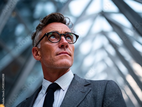 Wallpaper Mural Thwarted businessman in a suit and glasses looking up in a bright office setting . Torontodigital.ca