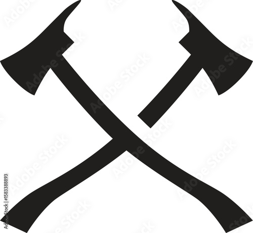 Crossed axes vector icon. Lumberjack or woodworking symbol. Black silhouette clipart isolated on white background.