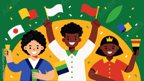 Happy people celebrating Juneteenth with flags, unity, and colorful decorations on a festive green background