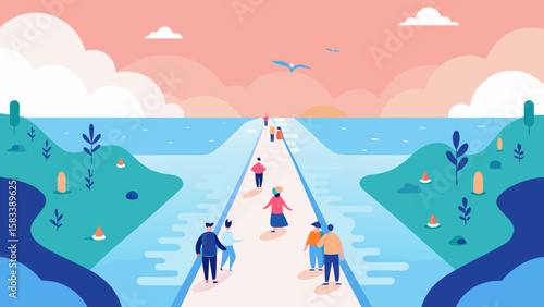 People walking along a sea path during the South Korean Jindo Sea Parting Festival at low tide under pink sky