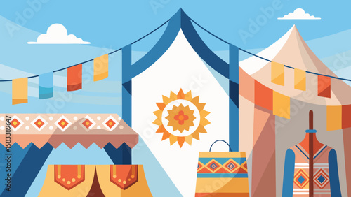 Colorful ethnic market tents with traditional textiles and decorations under a clear blue sky