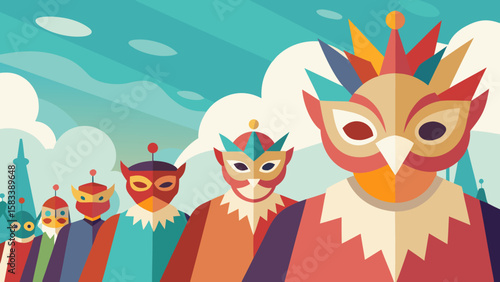 Colorful masked figures marching during the Hungarian Busojaras carnival celebration under a bright sky