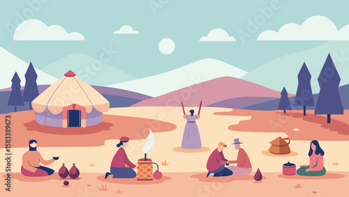 People celebrating Nauryz with traditional Kazakh picnic in nature, surrounded by mountains and a yurt