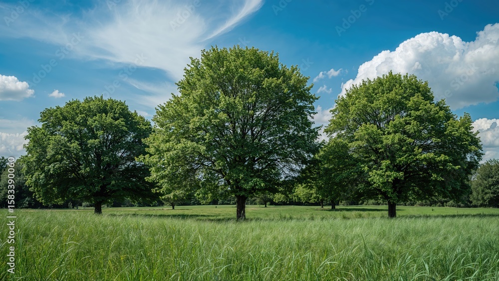 Fototapeta premium Verdant trees beneath a bright, sunny blue sky and fresh green lawn