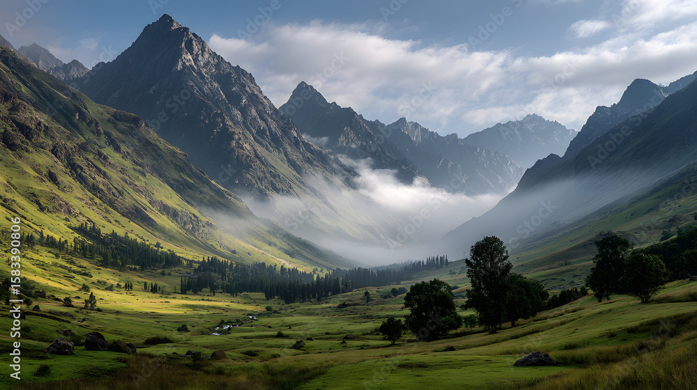 Obraz premium Majestic Mountain Range Serene Landscape Misty Peaks Green Valley Nature Scenery