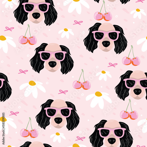 Seamless vector pattern. Cute, playful background with dogs wearing sunglasses, cherries, and daisies on a pink backdrop. Pastel tones and fun, cheerful vibe perfect for kids, girls.