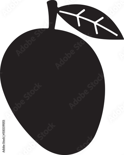 Black and White Mango Vector Silhouette Simple Flat Design Illustration of a Fresh Fruit, Perfect for Healthy Food and Tropical Theme Projects