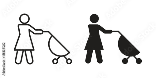 Woman with Baby Stroller icon vector illustration. Flat design. Graphic design vector symbols.