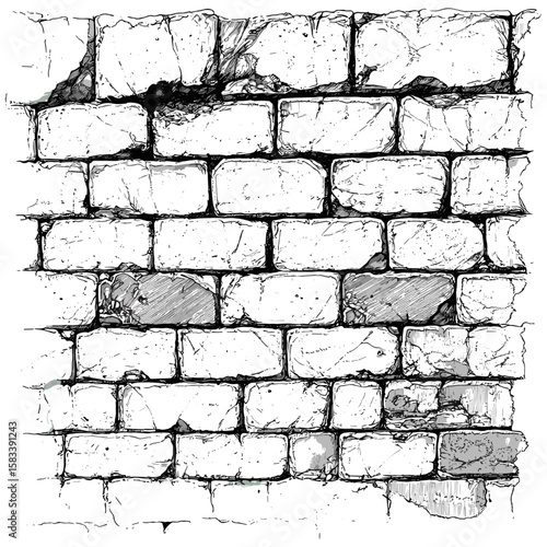 Brick wall engraving texture, etched architectural design, hand-drawn vintage bricks, black sketch lines, antique masonry surface, retro urban background, vector illustration, rustic architecture.