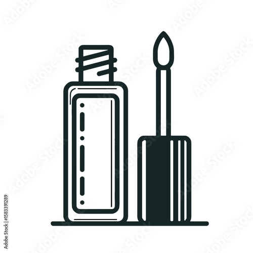 Lip gloss with applicator in outline vector style, black and white, beauty and makeup concept
