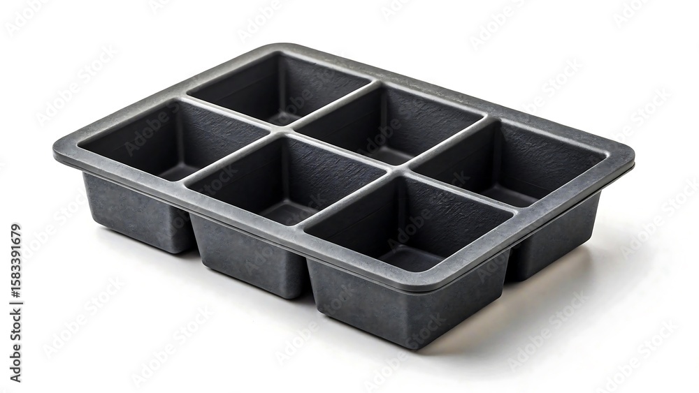 Fototapeta premium 6-compartment plastic food tray, black, close-up shot, minimalist, high contrast, clean and simple design, studio lighting, sharp focus, seamless background 