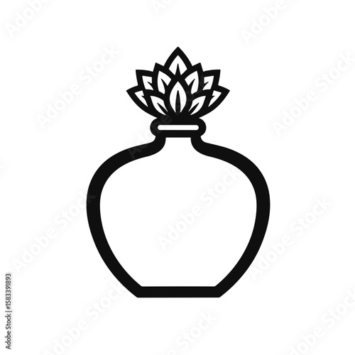 Perfume bottle with floral cap in outline vector style, black and white, fragrance and beauty concept