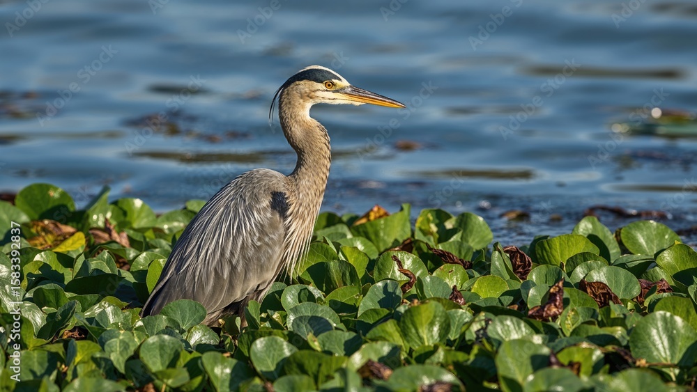 Naklejka premium Green heron resting among floating greenery with golden patterns on wings