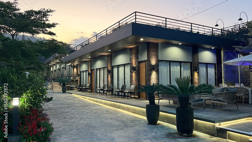Quadro em tela Home villa hotel with garden view of a tropical luxurious at sunset