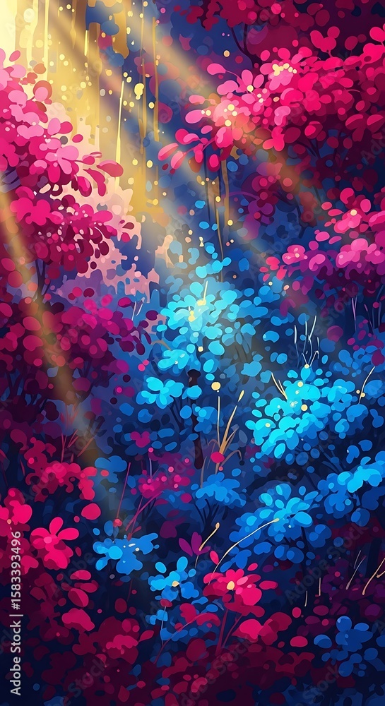 Fototapeta premium Enchanted Floral Canopy with Radiant Light Streaks and Blossoming Hues