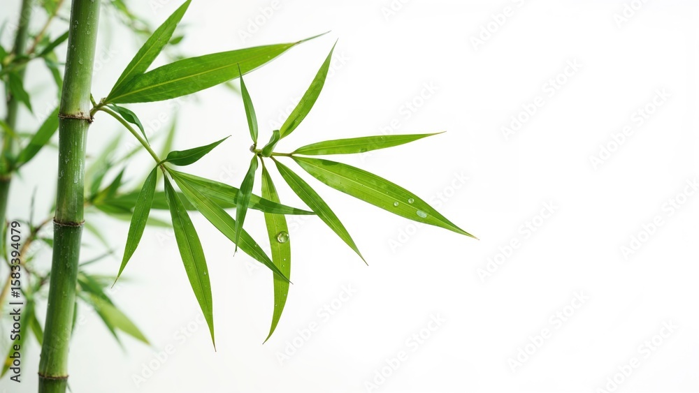 Fototapeta premium Green bamboo leaves displayed against a plain white background