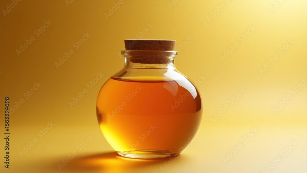 Round glass bottle with amber liquid against a yellow backdrop. Round glass bottle with amber liquid against a yellow backdrop.