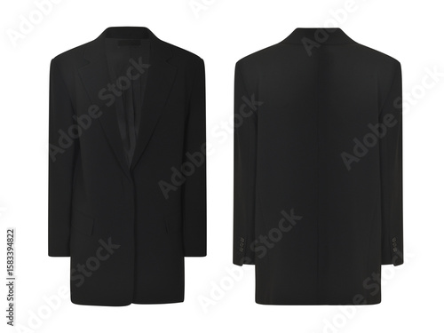 Elegant black trench coat winter jacket, front and back view, blazer jacket mockup, transparent background, clipping path