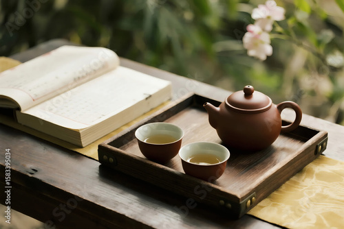 cup of tea and teapot still life Zen Chinese Asian nature style poetry tea product packaging shooting background prototype scene wallpaper