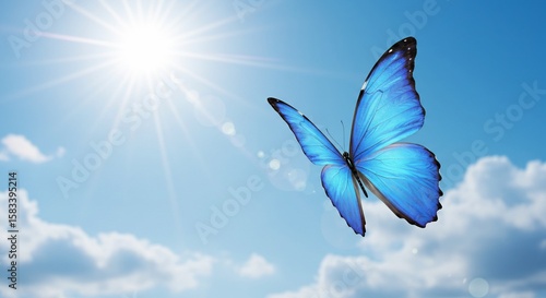 Vivid blue butterfly soars against a backdrop of a bright sky.