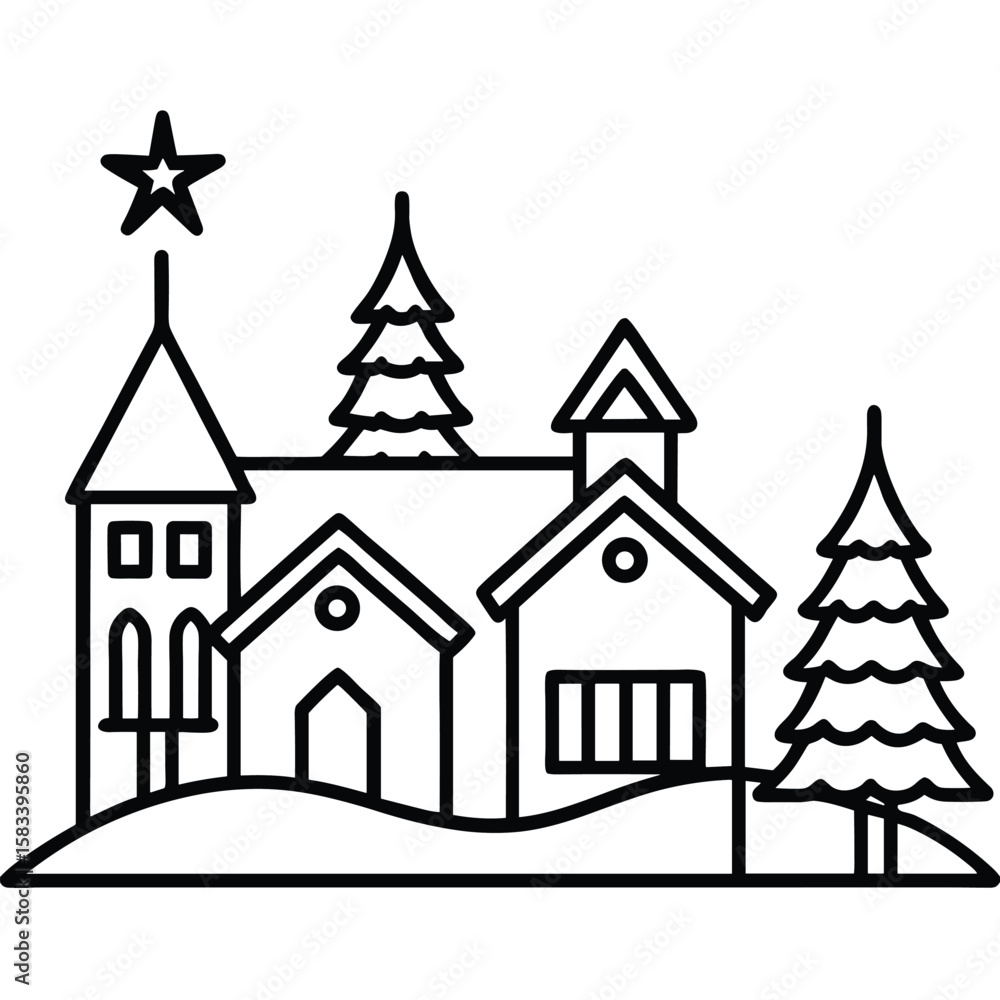 Obraz premium Winter Village Church Scene Line Art Illustration. 
