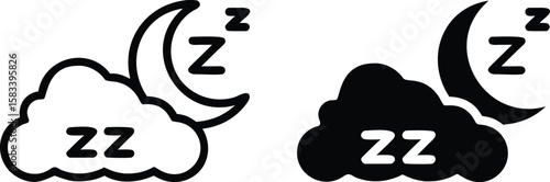 Sleep Icon Set Cloud Moon Zzz Black White Outline Silhouette Vector Night Rest Illustration