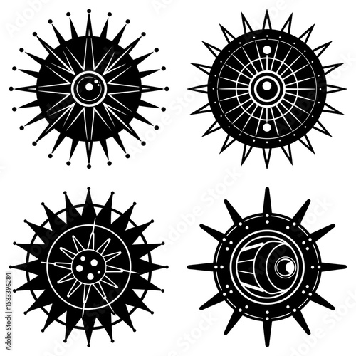 Four abstract black and white sunburst designs with varying central patterns displayed together nicely