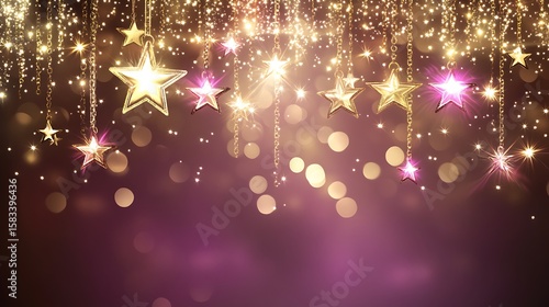 Gold stars on strings of light, a festive background
