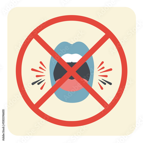 No shouting. Flat vector sign with crossed out mouth  on transparent background.