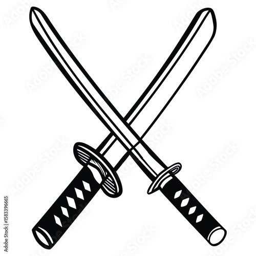 Two Crossed Samurai Swords With Detailed Black Handles and Decorative Guard
