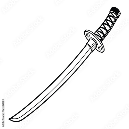 Traditional Japanese Curved Sword with Wrapped Handle and Guard