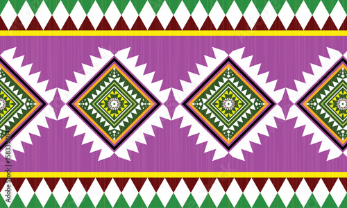 The green border carpet pattern, seamless fabric pattern, triangles and rhombus lined up in rows to form a beautiful overlapping triangle shape, abstract geometric background , purple, white