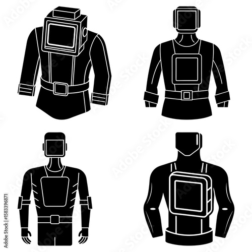 Illustration of four figures wearing futuristic vests and headgear in black and white style design