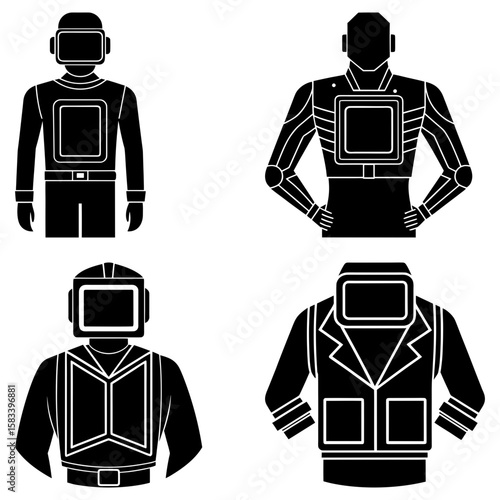 Illustration of four futuristic figures wearing different outfits with square display panels on chest