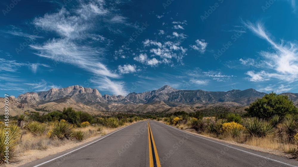 Naklejka premium A straight road leads toward rugged mountains under a bright blue sky with wispy clouds in a dry, desert landscape.