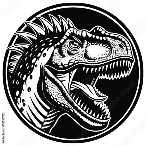 Terrifying Tyrannosaurus Rex Head Roaring Fiercely in a Black Circle