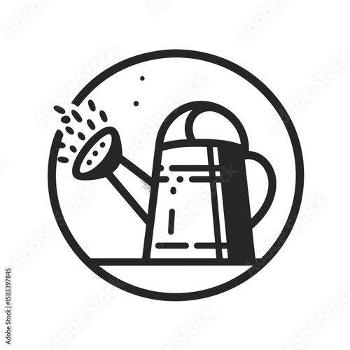 Watering can illustration in a circular design for gardening and horticultural contexts
