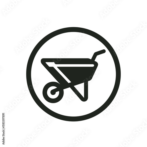 Wheelbarrow illustration in a circular design for gardening and construction projects
