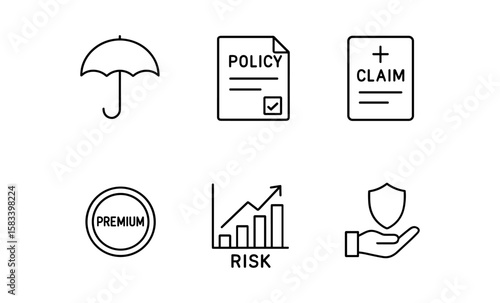 Essential insurance icons: policy, claim, premium, and risk management symbols