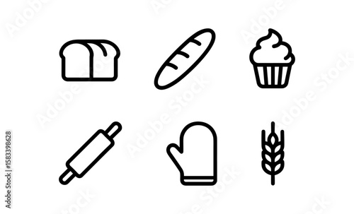 Minimalist bakery icons: bread, pastry, wheat, rolling pin, oven mitt