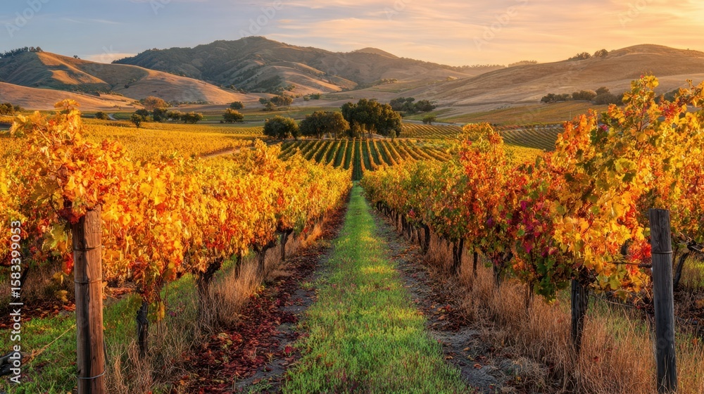 Fototapeta premium The Vibrant Vineyard Landscape Displaying Autumn's Rich Colors and Tranquil Harmony