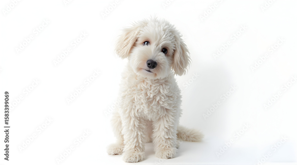 Obraz premium Cute White Puppy Sitting and Looking at Camera on White Background