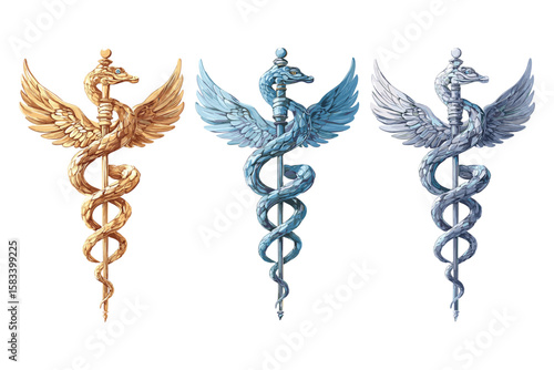 isometric set of caduceus medical symbols in gold, silver, and blue