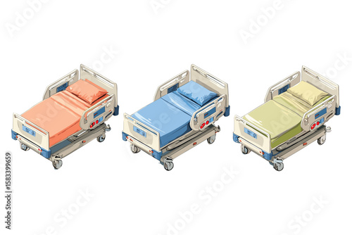 isometric set of hospital beds with mattresses in various colors