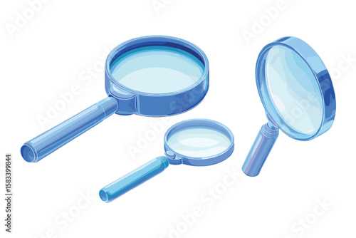 isometric set of magnifying glasses in blue color variations