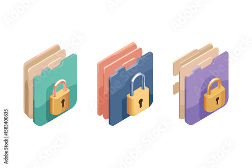 isometric set of file folders with security lock icons