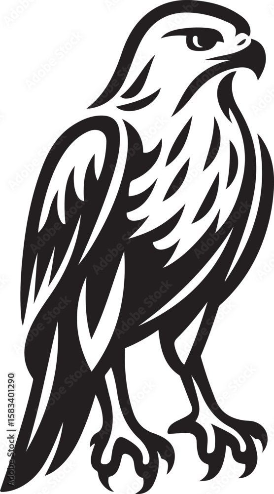 Obraz premium Stylized hawk graphic bold black and white design, Powerful raptor vector illustration