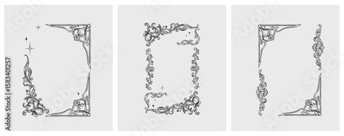 Hand drawn vector abstract outline,graphic,line vintage baroque ornament floral frame in calligraphic elegant modern style.Baroque floral vintage outline design concept.Vector antique frame isolated.